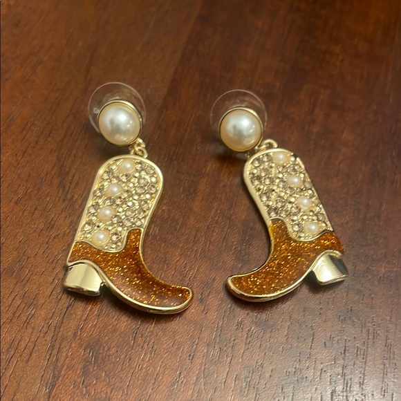 Unbranded Rhinestone Faux Pearl Gold and Brown Cowboy Boot  Earrings New - Picture 6 of 6
